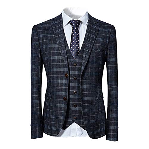 Checked Slim Fit Men's 3 Piece Suit, Black/Blue Checked Slim Fit Men's 3 Piece Suit, Black/Blue